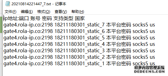 切换选项卡到“静态住宅IP订单列表”，点击“一键导出”，导出的文件是下面格式的文件。